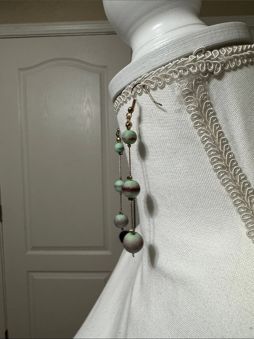 Long Green Bead Dangle Earrings - Unbranded